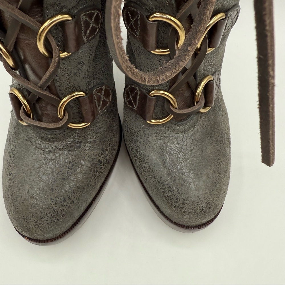Tory Burch Lawson Bootie Pewter Brown Leather Platform Stiletto Ankle Boots 8.5 - Picture 17 of 17